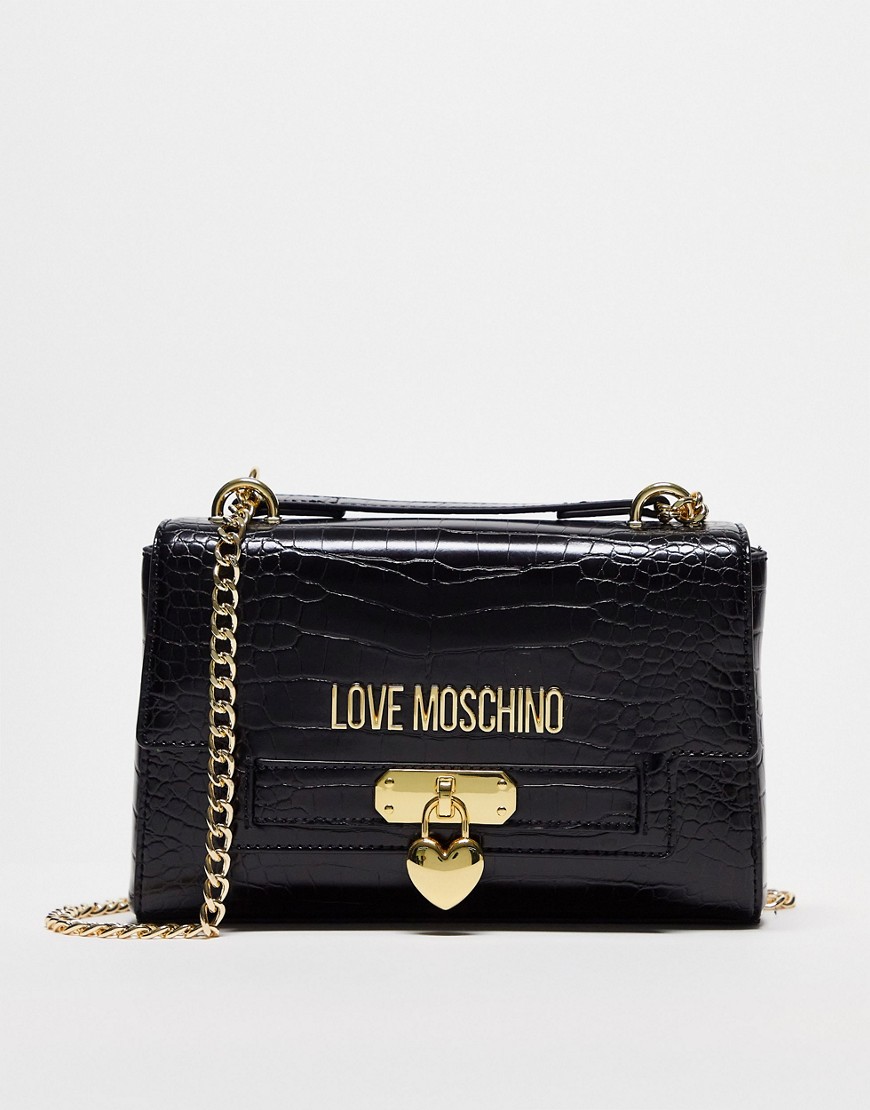 Love Moschino Faux Croc Heart Padlock Bag In Black
