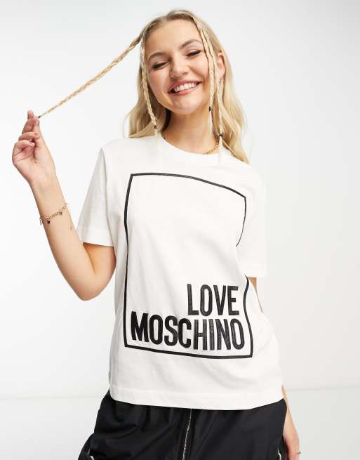 Love Moschino faux leather trim logo box t-shirt in white