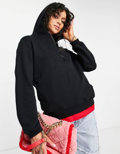 Love Moschino - Felpa con cappuccio nera con logo in strass in coordinato