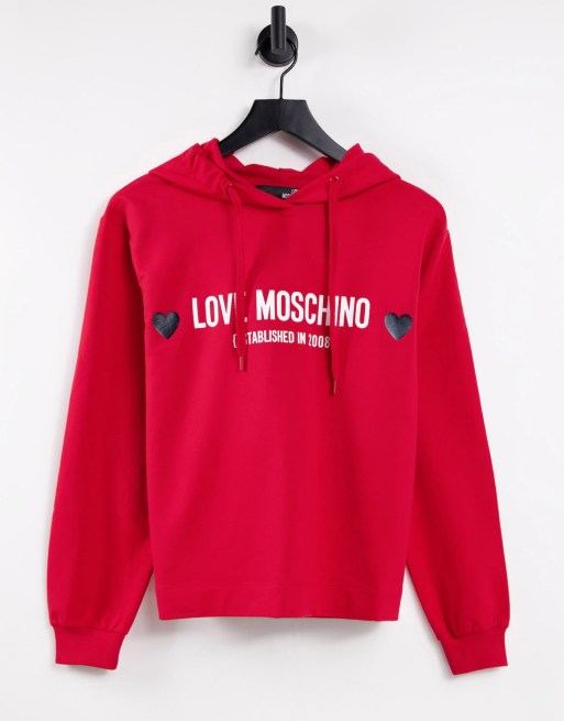 Love Moschino - Felpa con cappuccio rossa con logo centrale