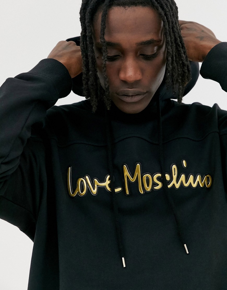 Love Moschino - Felpa nera con cappuccio e scritta del logo oro-Nero