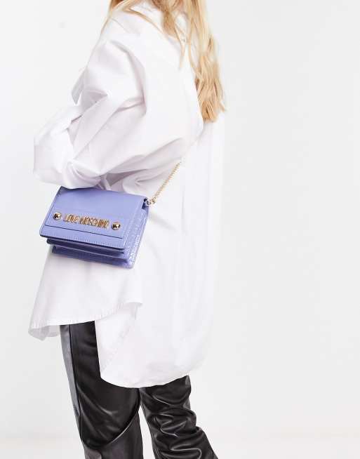 Love Moschino – Fioletowa torebka crossbody z efektem skóry krokodyla