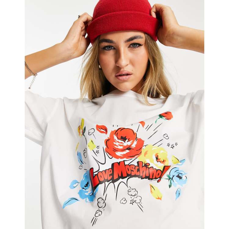 Love Moschino floral logo woven t-shirt in white | ASOS