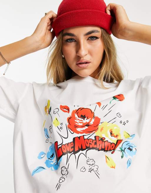 Love Moschino floral logo woven t-shirt in white | ASOS