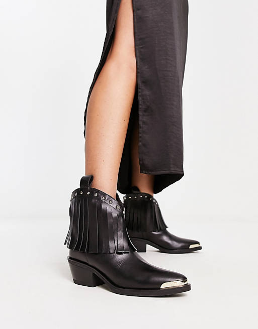 Love Moschino fringe western booted with metal toe in black leather