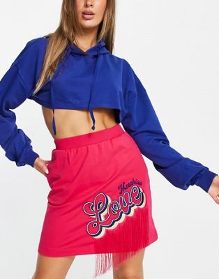 Love Moschino fringed logo jersey mini skirt in pink
