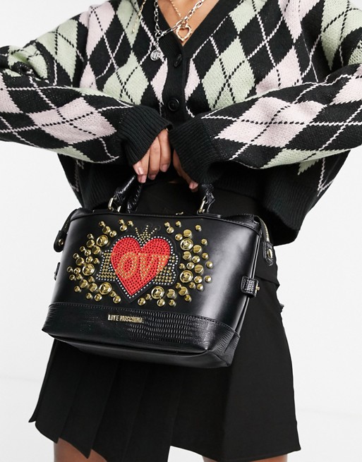 Love Moschino full of love studded top handle bag in black