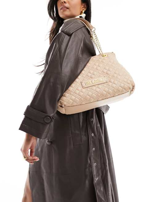 Love Moschino – Gesteppte Schultertasche in Kamelbraun