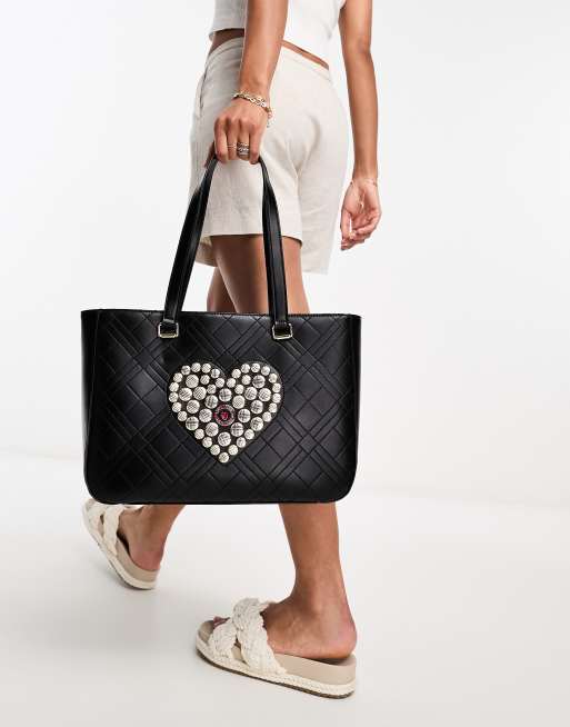 Love Moschino - Gewatteerde tote tas met hartenversiering in zwart