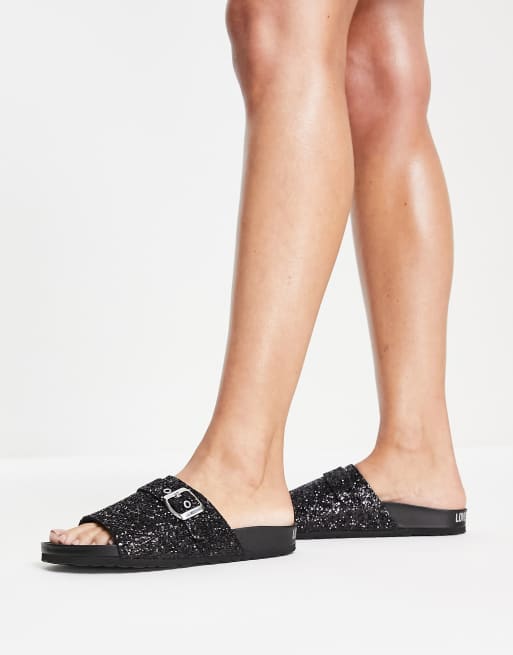 Love Moschino glitter slider in black