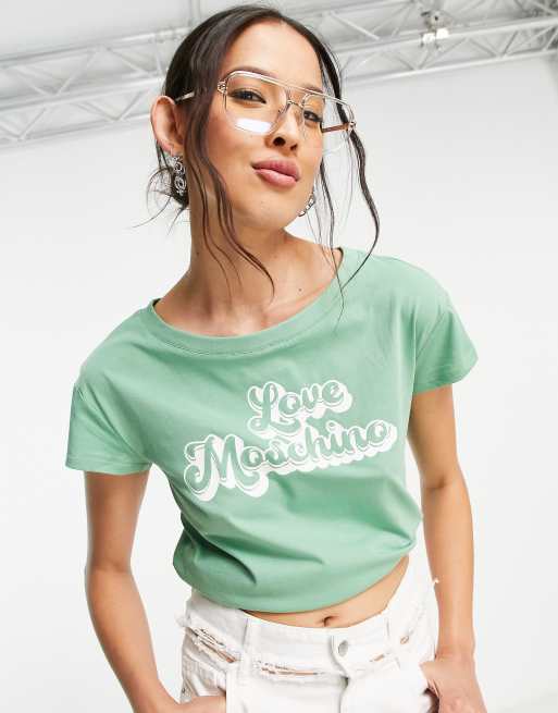 Love Moschino – Grön t-shirt i retrostil med bubblig logga