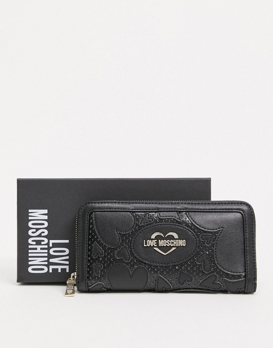 Love Moschino - Grote portemonnee met harten in reliëf in zwart