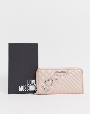 Love Moschino - Grote portemonnee van imitatieleer met rits en studs in hartvorm-Roze