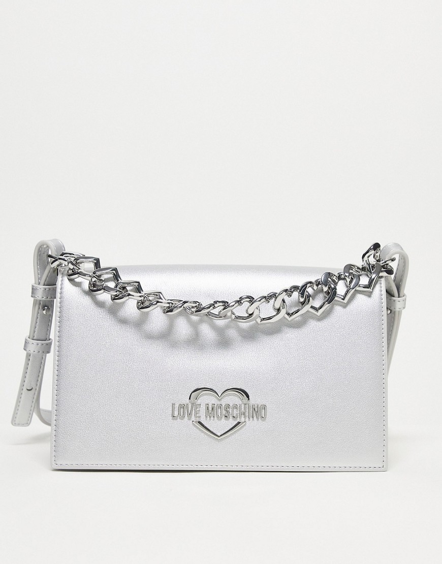 Love Moschino Heart Chain Cross Body Bag In Silver
