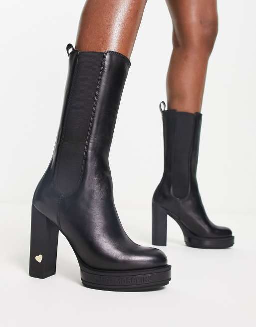 Love Moschino heart detail heeled boots in black ASOS