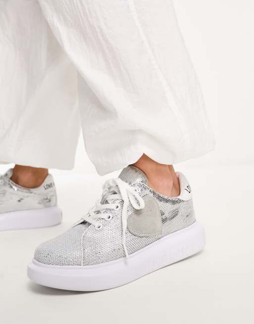 Love Moschino heart detail sequin sneakers in silver ASOS