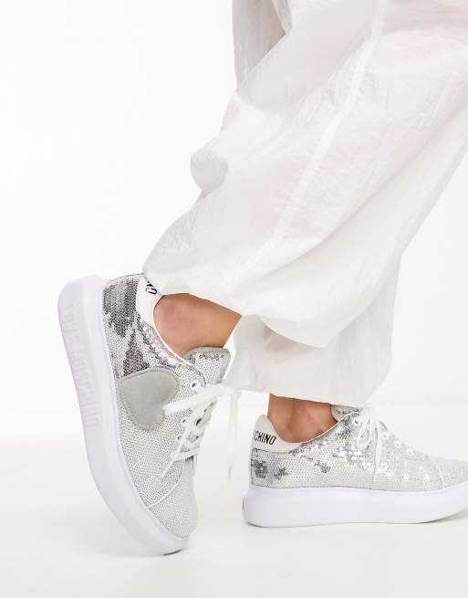 Love Moschino heart detail sequin trainers in silver