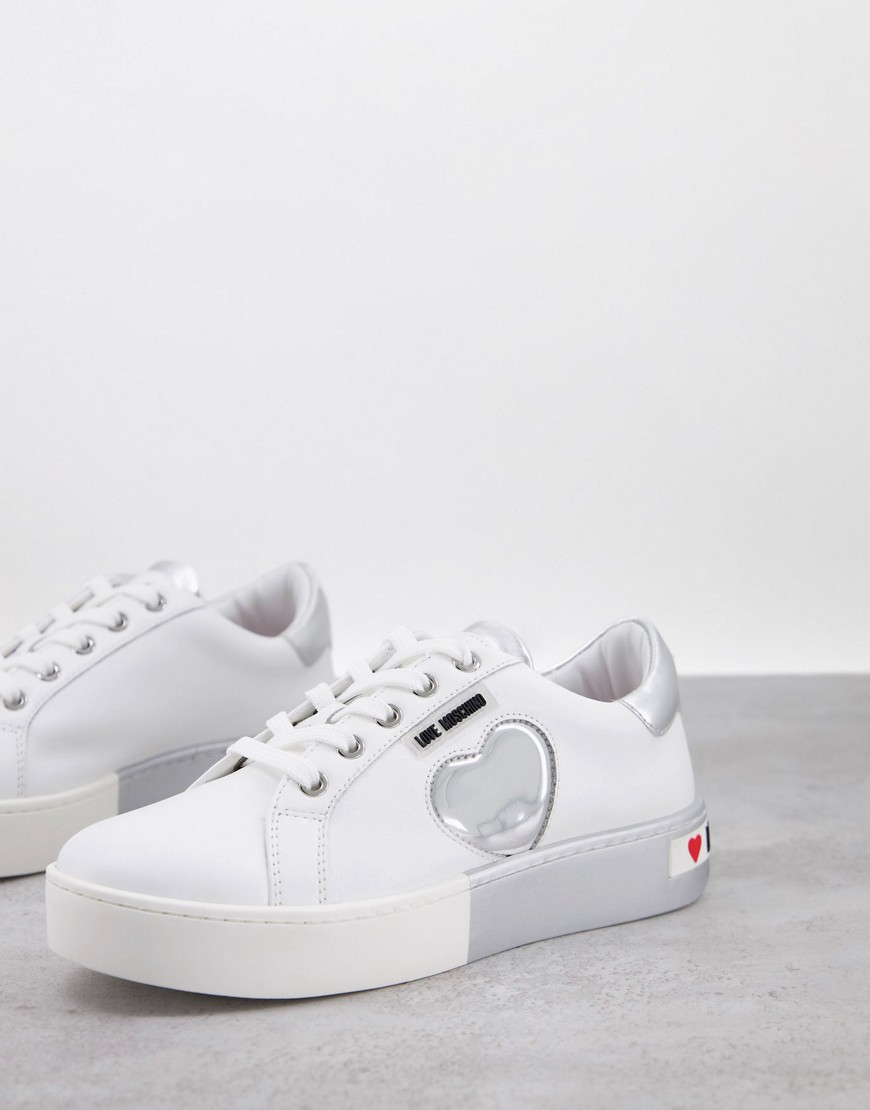 Love Moschino heart flatform sneakers in silver and white