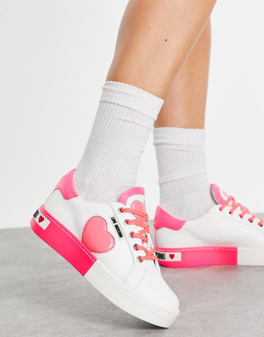 Love Moschino heart flatform trainers in pink and white