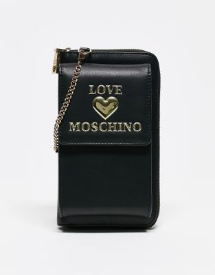 Love Moschino heart logo detail coin purse with chain detail in black