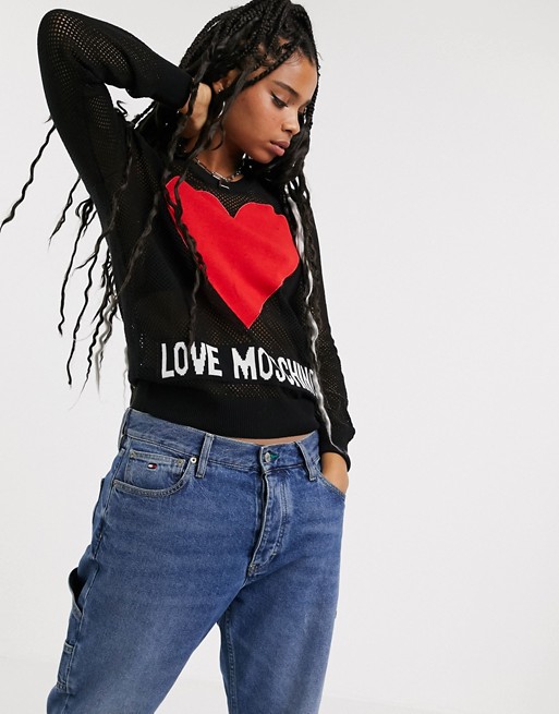Love Moschino heart logo jumper with sheer mesh sleeves