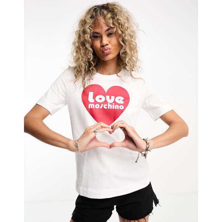 【送料&関税込】Moschino T-shirt heart Love Moschino T Shirt Women's Size 10 White Heart Sequins