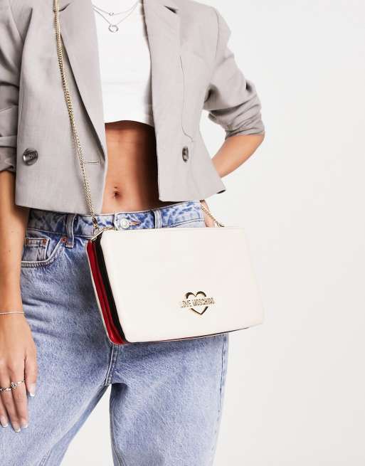 Love Moschino heart logo zip top chain crossbody bag in ivory ASOS