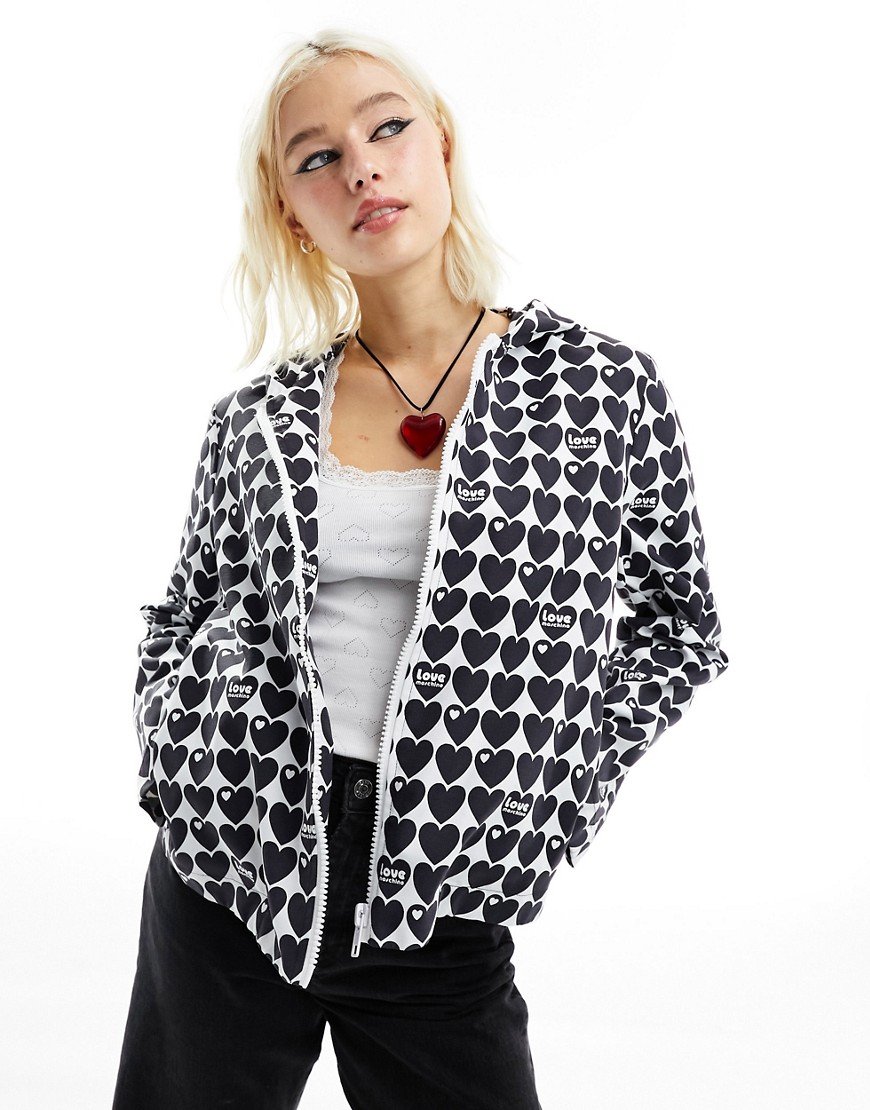 Love Moschino heart print hooded jacket in black and white