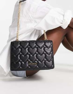 Love Moschino heart quilted chain detail shoulder bag in black