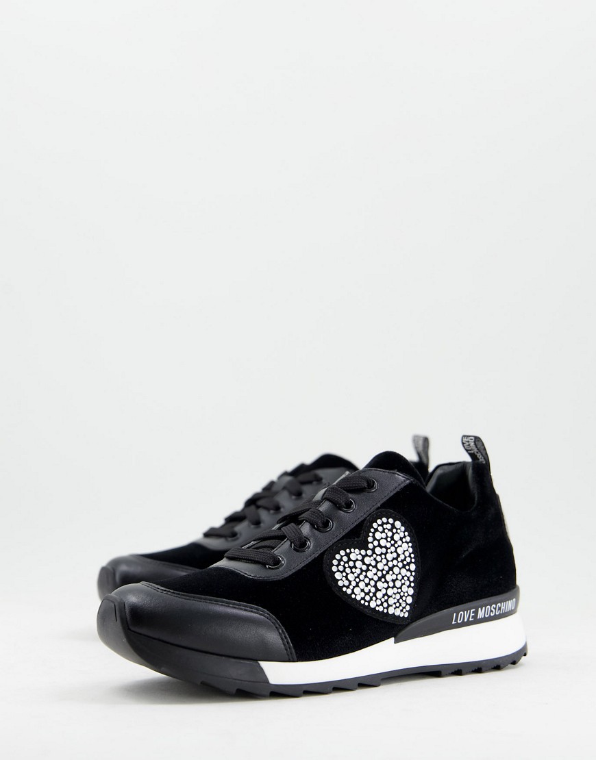 Love Moschino heart rhinestone logo sneakers in black