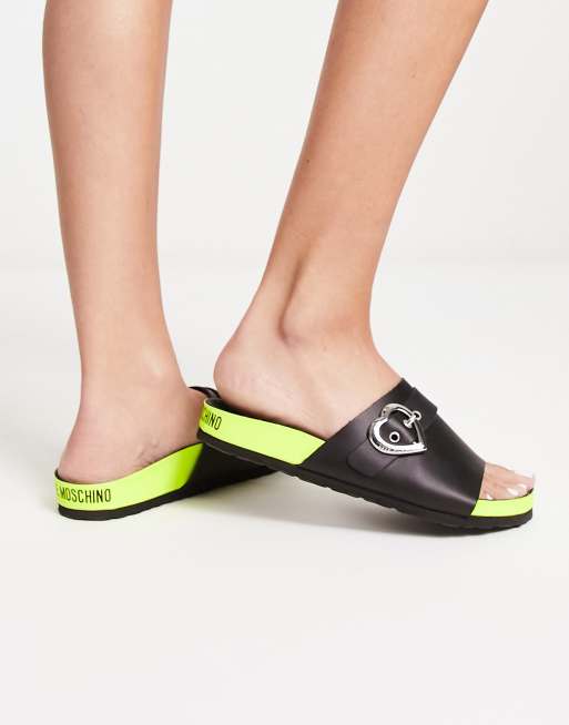 Love Moschino heart sliders in lime and black