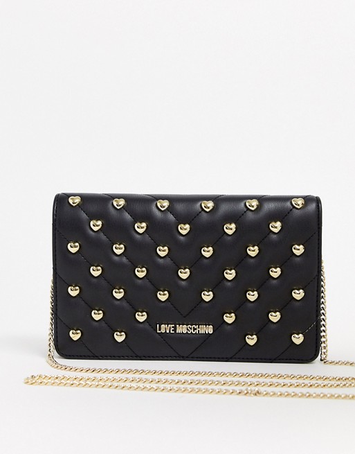 Love Moschino heart stud quilted cross body bag in black