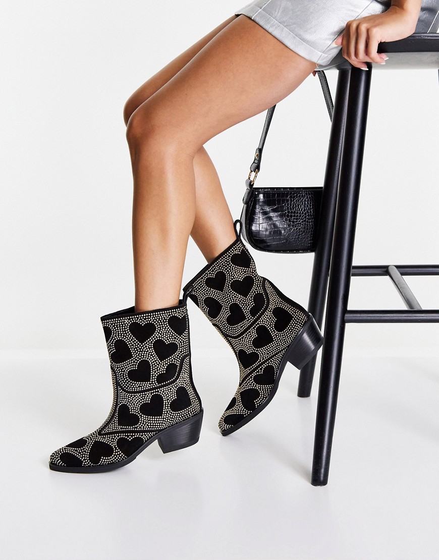 Love Moschino heeled western heart print boots in black