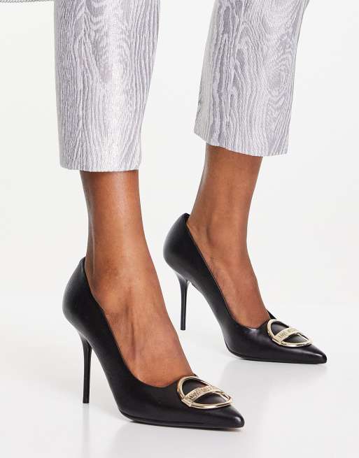 Love Moschino high heeled pump shoes in black with gold hardware