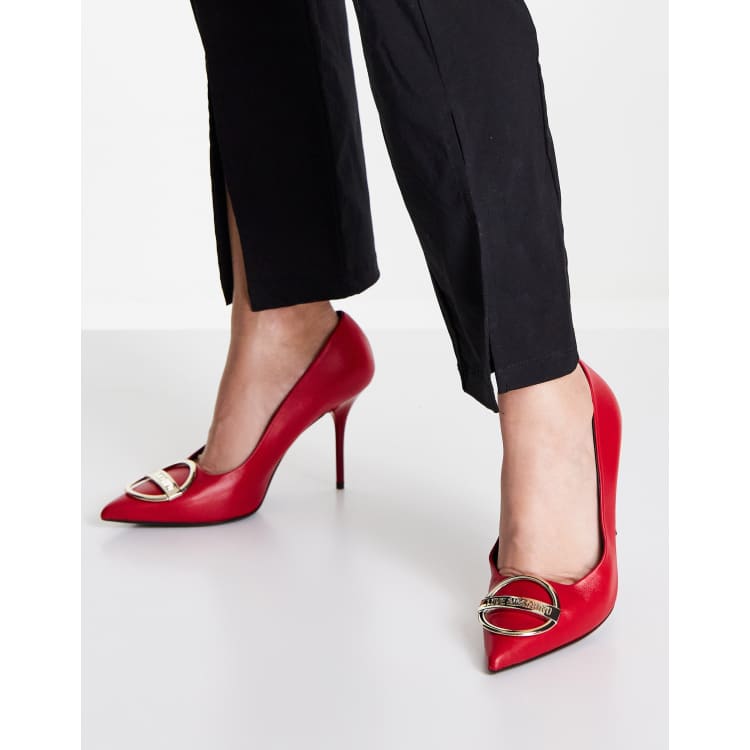 Love Moschino high heeled pump shoes in red with gold hardware | ASOS