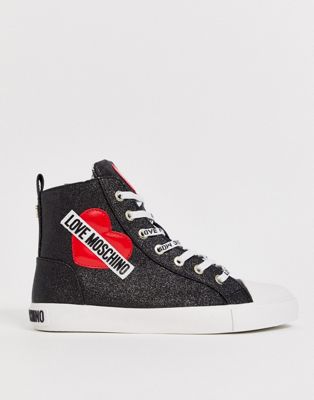 Love Moschino - Hoge sneakers met glitter en logo-Zwart