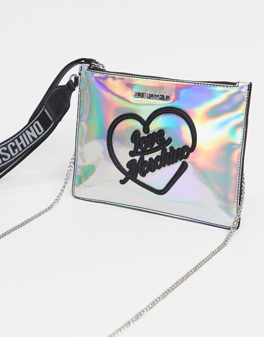 Love Moschino hologram wrist bag in silver