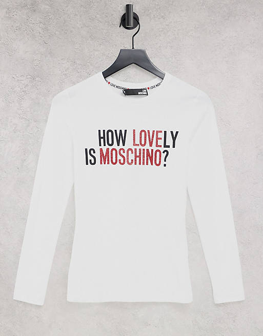 Love Moschino how lovely logo long sleeve top in white