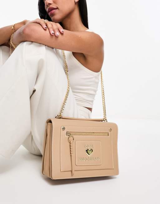 Love Moschino – Jasnobrązowa torebka na ramię z paskiem z łańcuszka