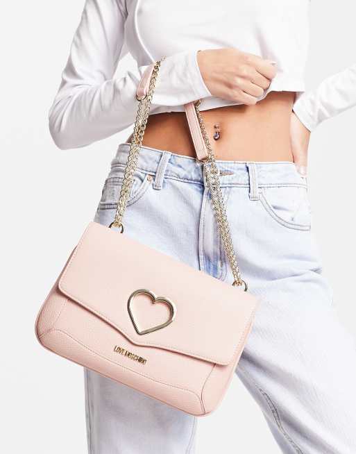Love Moschino – Jasnoróżowa torebka na ramię z klapą i logo w kształcie serca