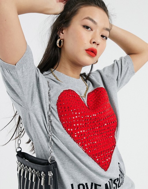 Love Moschino jewel studded heart logo knit t-shirt