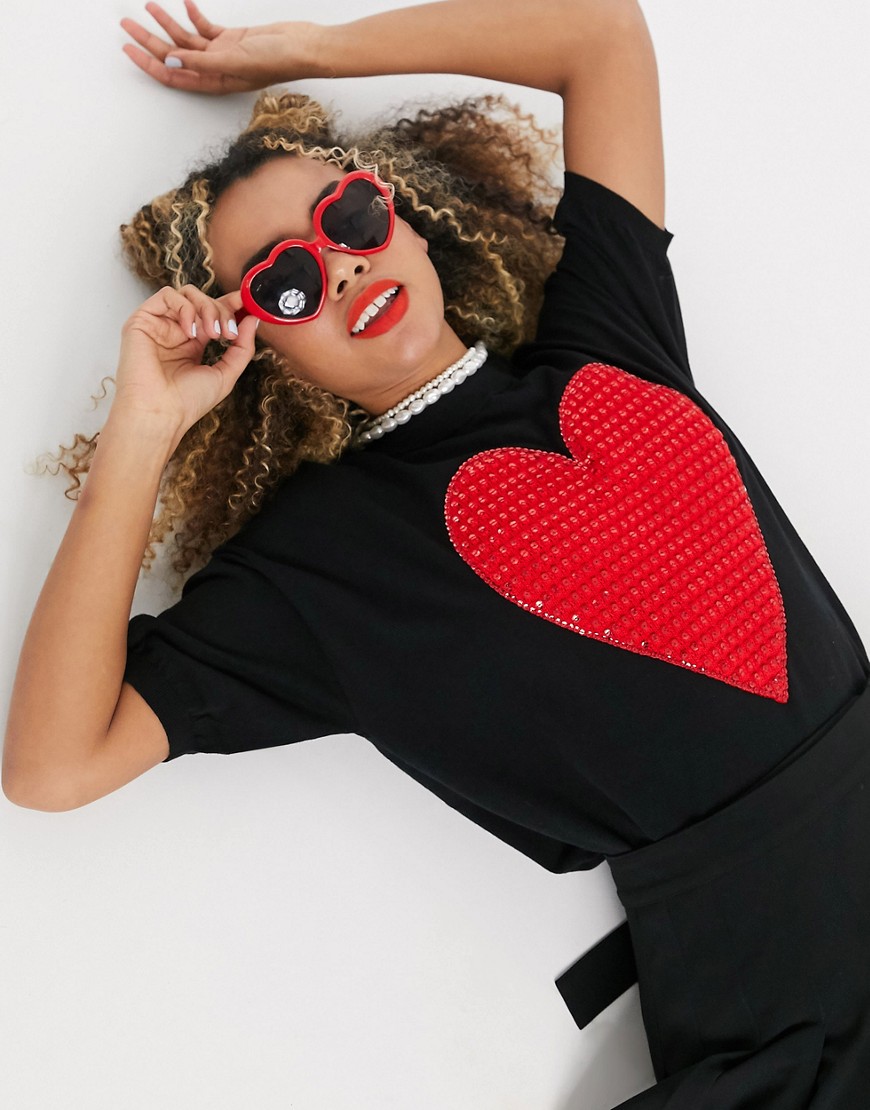Love Moschino jewel studded heart logo knit t-shirt-Black