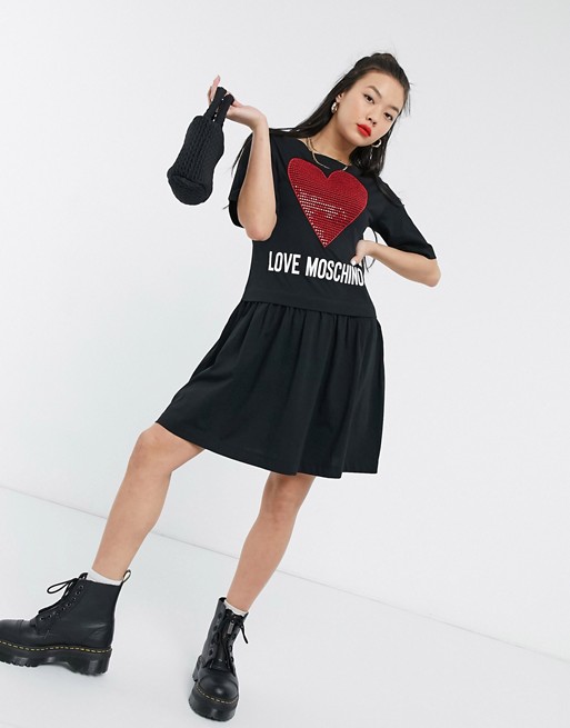 Love Moschino jewel studded heart logo skater dress