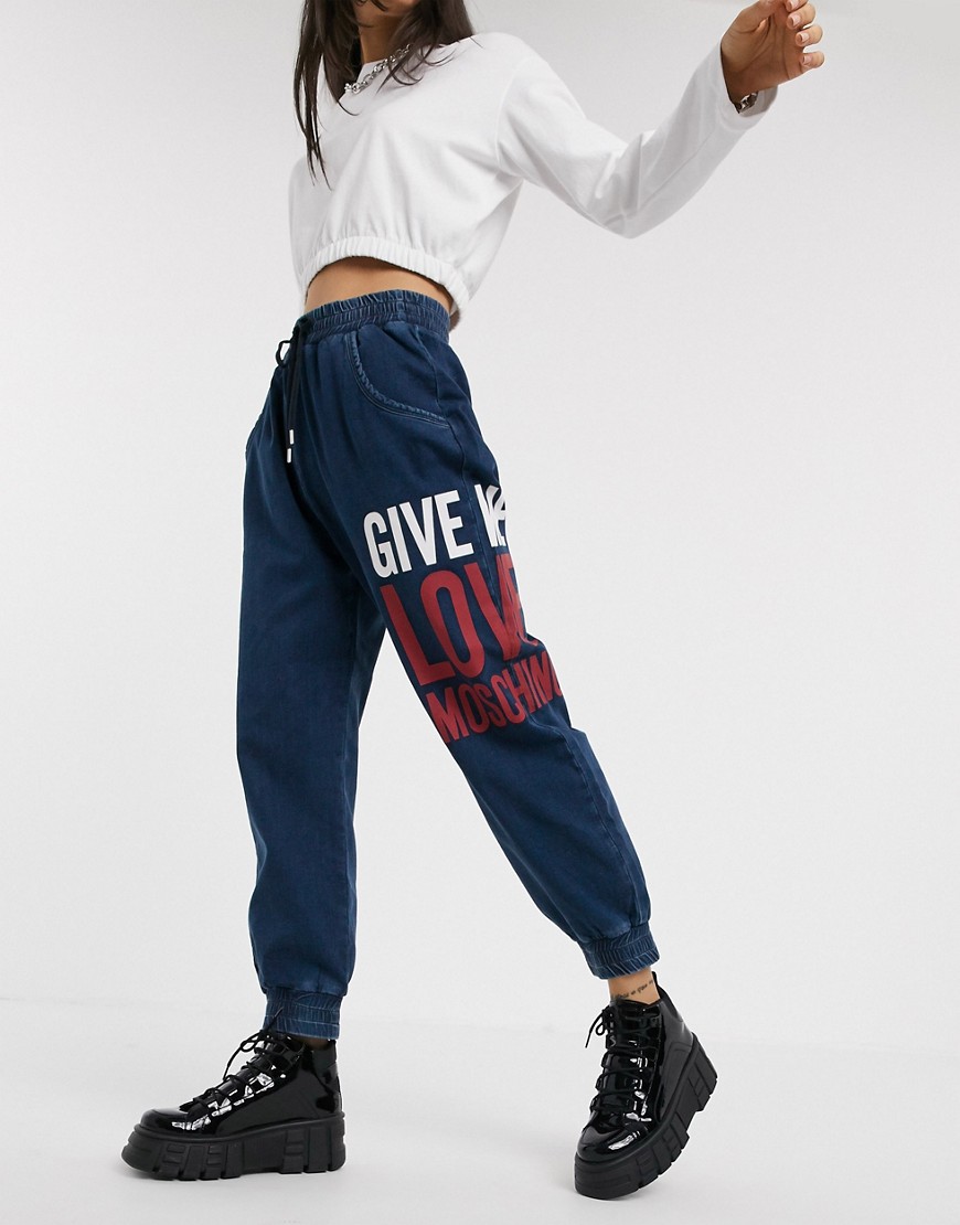 Love Moschino - Joggingbroek van denim met 'give me'-slogan en logo-Marineblauw
