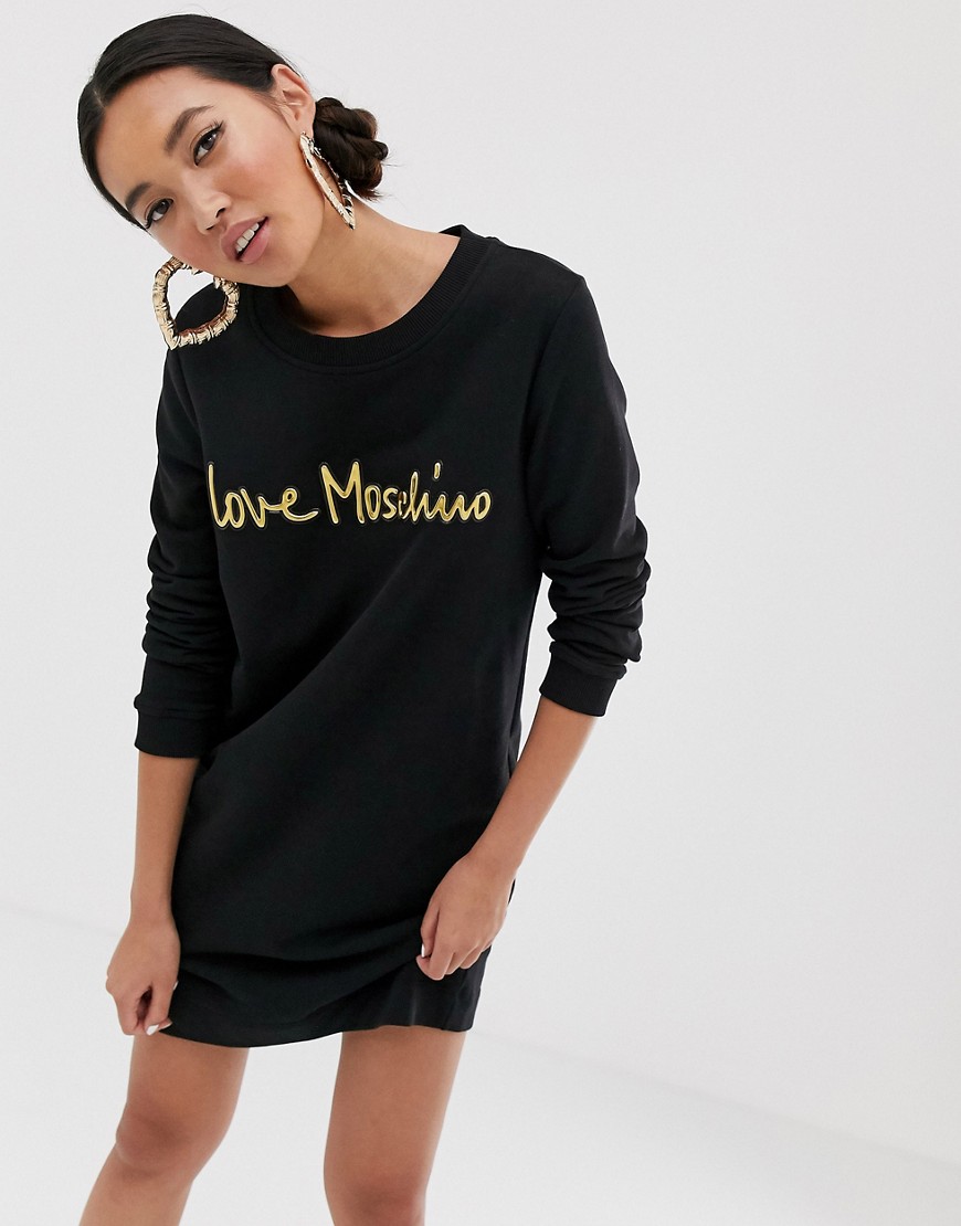 Love Moschino - Jurk met metallic logo en lange mouwen-Zwart