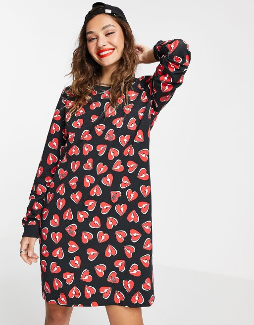 Love Moschino – Kolorowa sukienka z długimi rękawami i wzorem w serca
