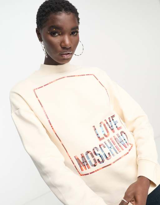 Love Moschino – Kremowa bluza dresowa z kolorowym logo w ramce | ASOS