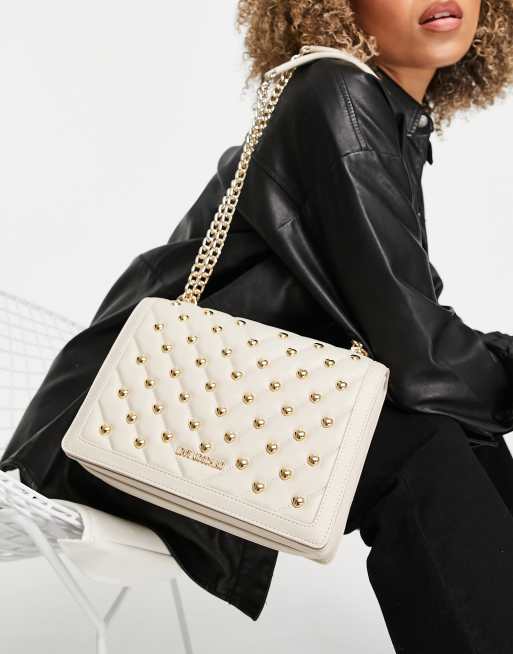 Love Moschino – Kremowa torebka na ramię z ćwiekami i łańcuszkiem