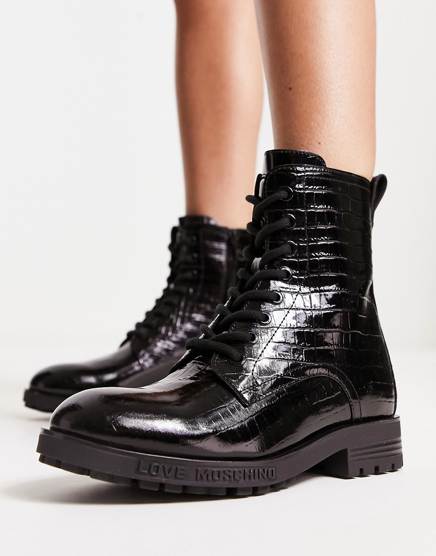 Love Moschino lace up boots in black croc