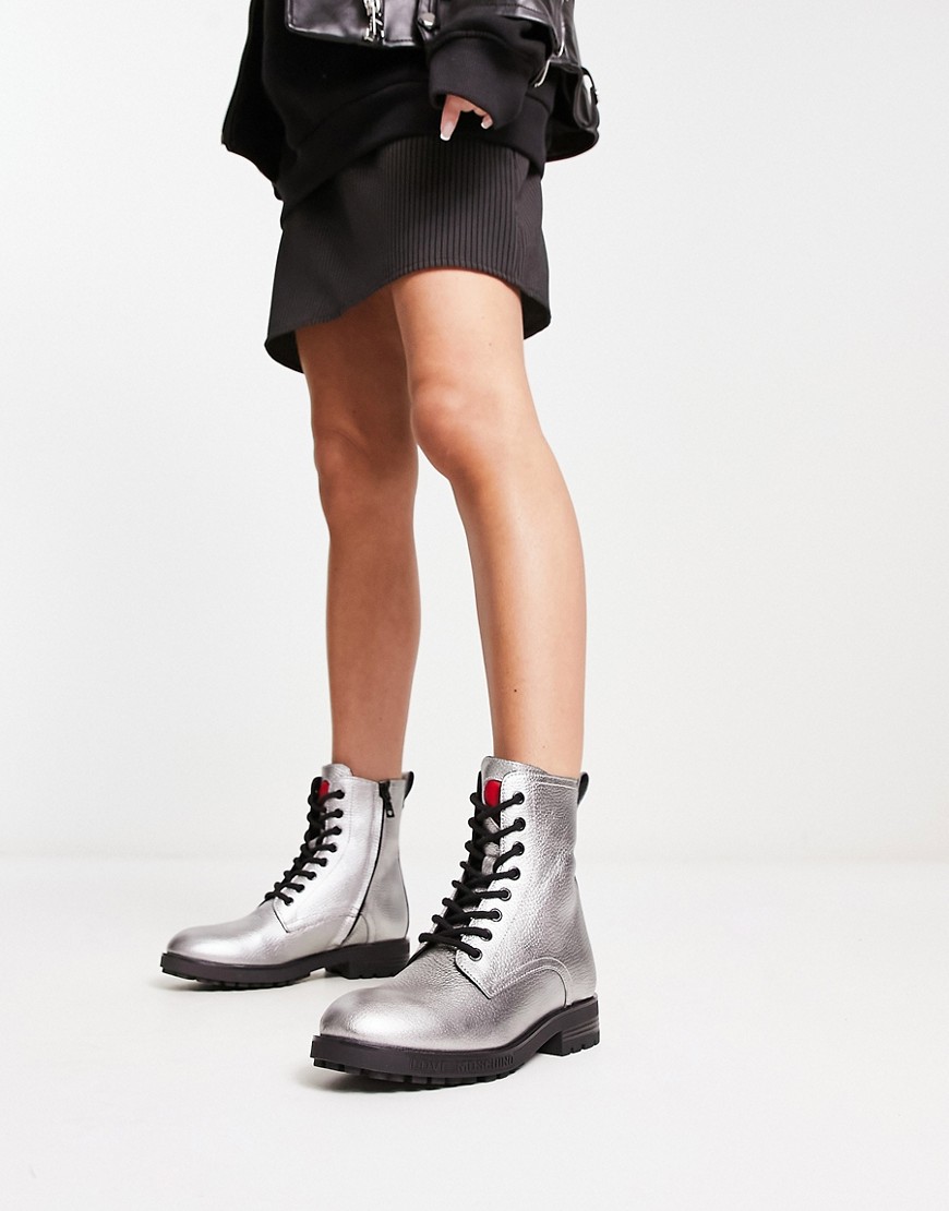 Love Moschino lace up boots in silver-Black